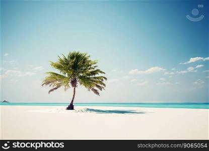 One palm on a empty white beach. Idyllic tropical seascape. Paradise beach. Generative AI.. One palm on a empty white beach. Idyllic tropical seascape. Paradise beach. Generative AI