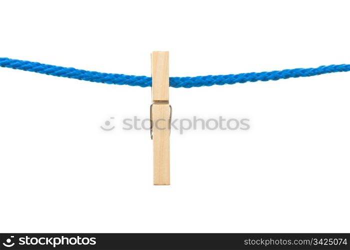 One peg hanging in a rope, white isolated background.