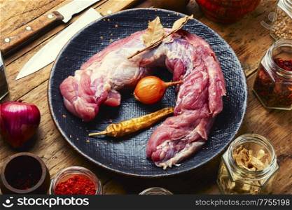 One piece of raw pork meat for cooking. Raw meat and spices set. Uncooked pork tenderloin, fresh meat