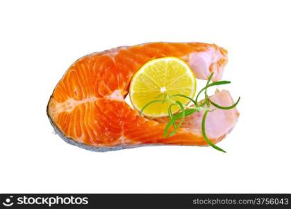 One piece of trout with lemon and rosemary isolated on white background from above