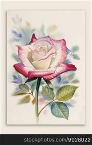 One pink rose - Watercolor painting original realistic on paper colorful of roses beauty  flower spring and green leaves in white background, copy space happy postcard with valentine day or wedding. 