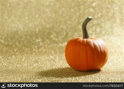 One Pumpkin on golden glittery background with bokeh lights and copy space. Pumpkin on golden background
