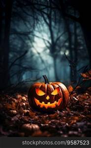 One pumpkin with a carved muzzle and glowing eyes lies on the foliage in a dark ominous forest at night in the moonlight, close-up side view.. One burning pumpkin in the night forest.