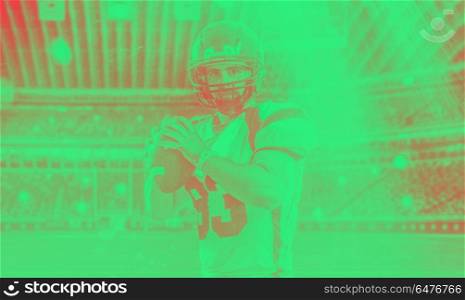 one quarterback american football player throwing ball on big modern stadium field with lights and flares. american football player throwing ball