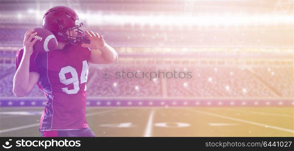 one quarterback american football player throwing ball on big modern stadium with lights and flares