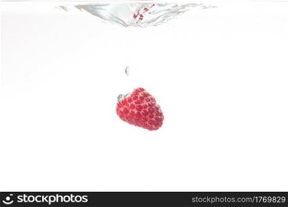 One raspberry splashing in water on white background. One raspberry splashing in water on white