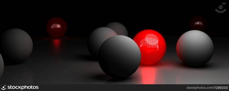 one red ball illuminating many grey spheres over a black background, symbol of difference. Uniqueness, Be Different Background Over Black