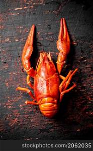 One red boiled crayfish on the table. Against a dark background. High quality photo. One red boiled crayfish on the table.