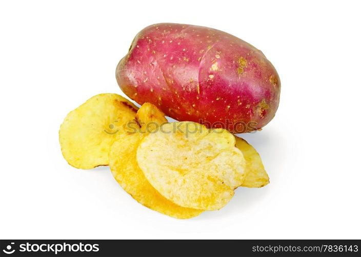One red potato, potato chips isolated on white background