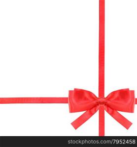 one red satin bow in lower right corner and two intersecting ribbons isolated on square white background