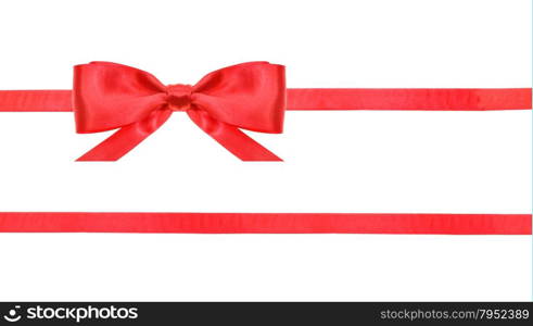 one red satin bow in upper left corner and two horizontal ribbons isolated on horizontal white background