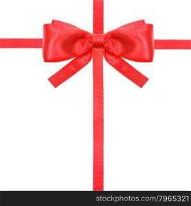one red satin bow in upper middle and two intersecting ribbons isolated on square white background