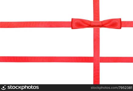 one red satin bow knot in upper right corner and three intersecting ribbons isolated on horizontal white background