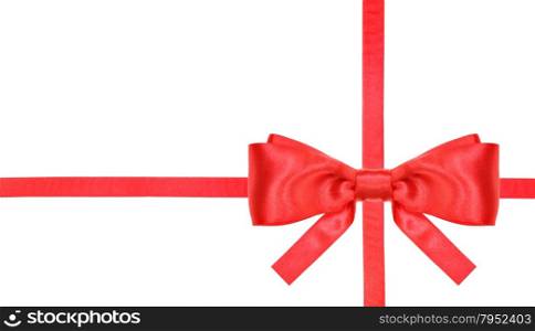 one red satin bow lower right corner and two intersecting ribbons isolated on horizontal white background