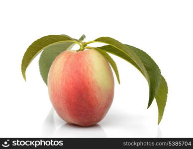 One ripe peach with leaf, isolated on white