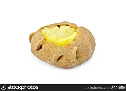 One round cheesecake carol from rye flour with a stuffing of mashed potatoes isolated on white background