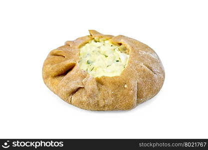 One round cheesecake carol of rye flour filled with cheese isolated on white background