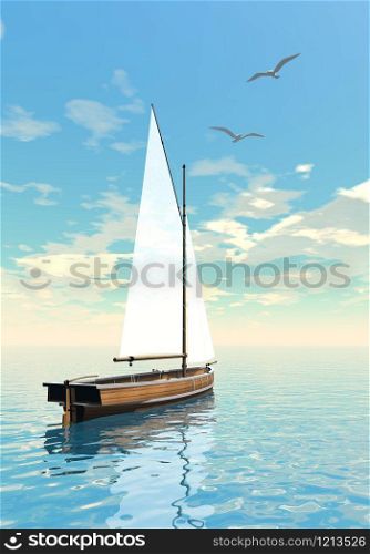 One sailing boat floating on the water next to seagull by cloudy day. Sailing boat - 3D render