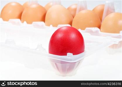 one separate red chicken egg against several brown eggs