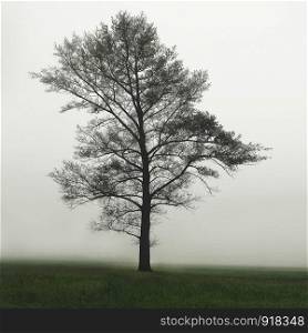 One Single Lonely Tree in a Foggy Farm Field in the Morning Haze and Mist. One tree in the field in the fog. One tree in the field in the fog. One Single Lonely Tree in a Foggy Farm Field in the Morning Haze and Mist