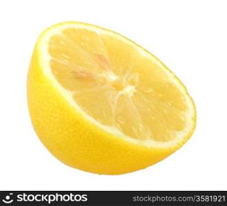 One slice of fresh yellow lemon. Isolated on white background. Close-up. Studio photography.