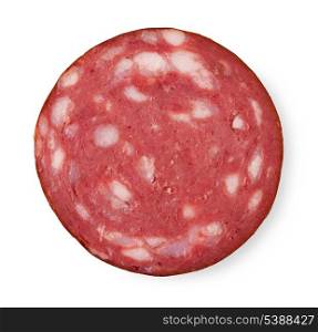 One slice of smoked sausage isolated on white