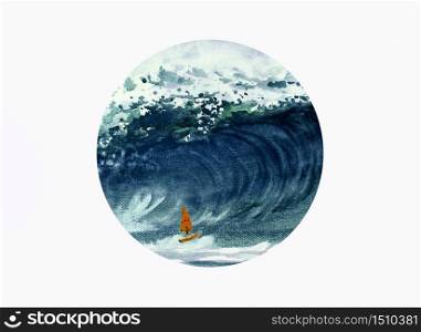 One sportman windsurfer - Watercolor painting of waves in the sea. Beautiful summer And emotions are sprayed in the sky, circle style on white background. Hand painted illustration, copy space