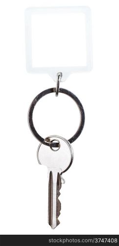 one steel key and square keychain on ring isolated on white background