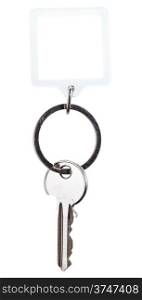 one steel key and square keychain on ring isolated on white background