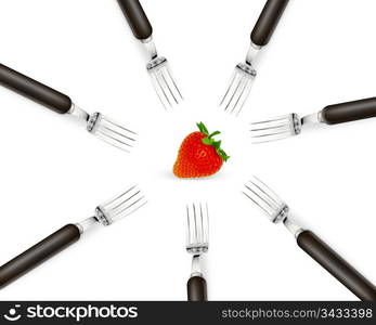 one strawberry between set of forks