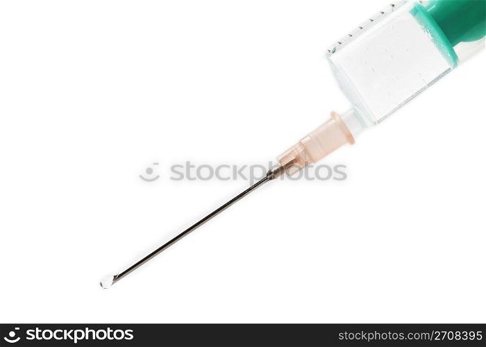 one syringe on white. one syringe with water drop on white background