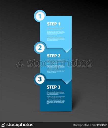 One two three - vector paper progress step blocks template with sample content and shadow - blue version with dark background. Three steps vertical template