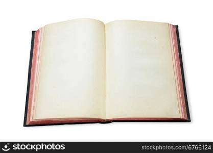 One vintage open book with blank pages isolated on white background