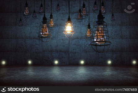 One vintage style light bulb standing out from other bulbs,rustic cement wall background , leadership andbusiness ideal success concept .