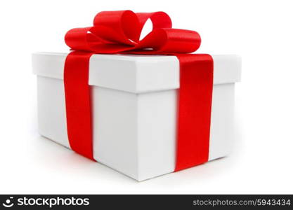 One white gift box with red bow isolated on white background