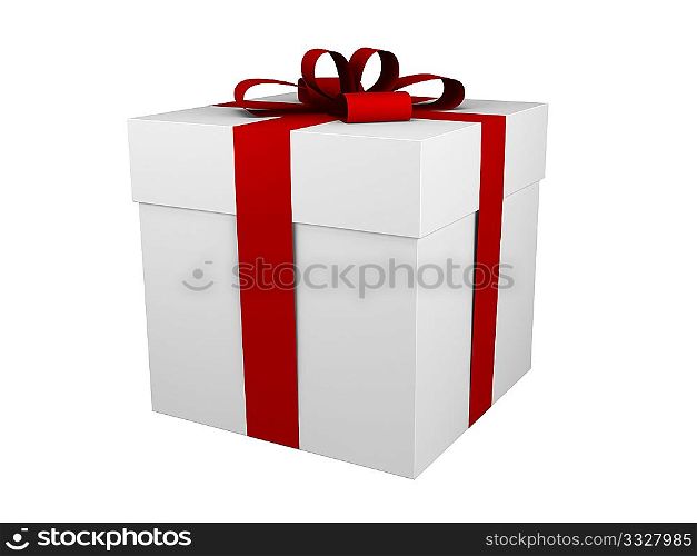 one white gift box with red ribbon and bow isolated