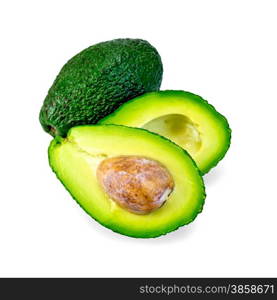 One whole and one cut in half avocado, bone isolated on white background