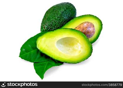 One whole and one cut in half avocado, bone, two green leaf lemon isolated on a white background