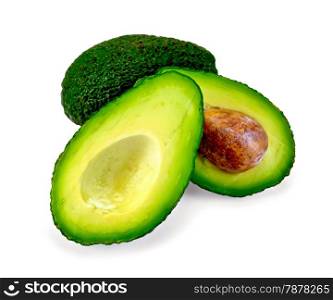One whole and one cut in half avocado isolated on white background