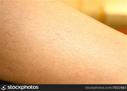 One woman hairy leg closeup view