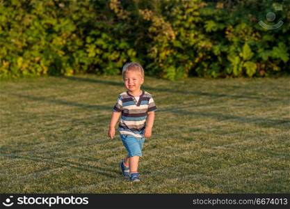 One year old baby boy running on meadow. Portrait of toddler child outdoors. Rural scene with one year old baby boy running on meadow. Healthy preschool children summer activity. Kid playing outside.