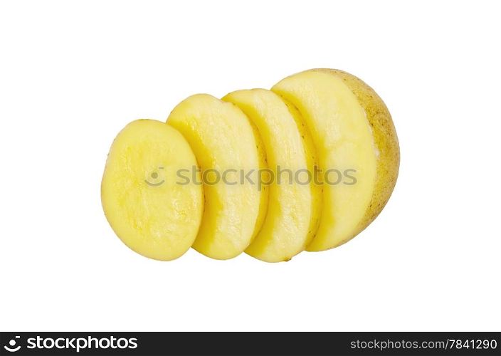 One yellow cut into slices of potato isolated on white background