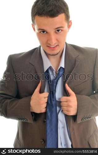 one young business man in suit with tie isolated on white