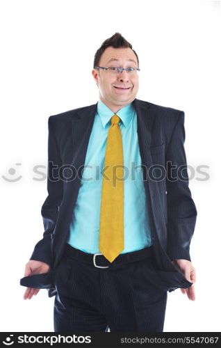 one young businessman hold pocket of pants isolated on white background and representing financial Bankruptcy