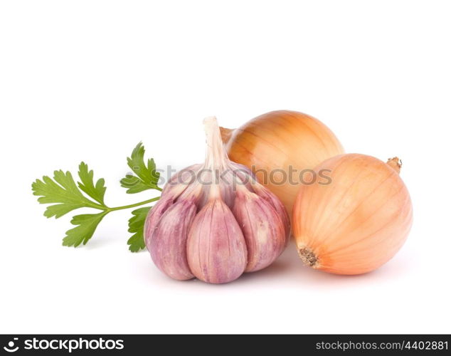 Onion and garlic clove isolated on white background