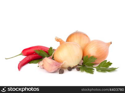 Onion and garlic clove isolated on white background