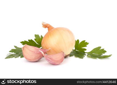 Onion and garlic clove isolated on white background