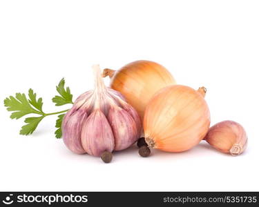 Onion and garlic clove isolated on white background