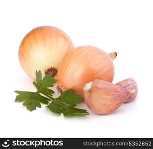 Onion and garlic clove isolated on white background