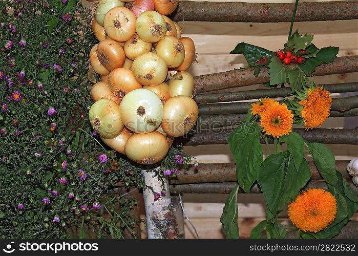 onion on rural market amongst flowerses